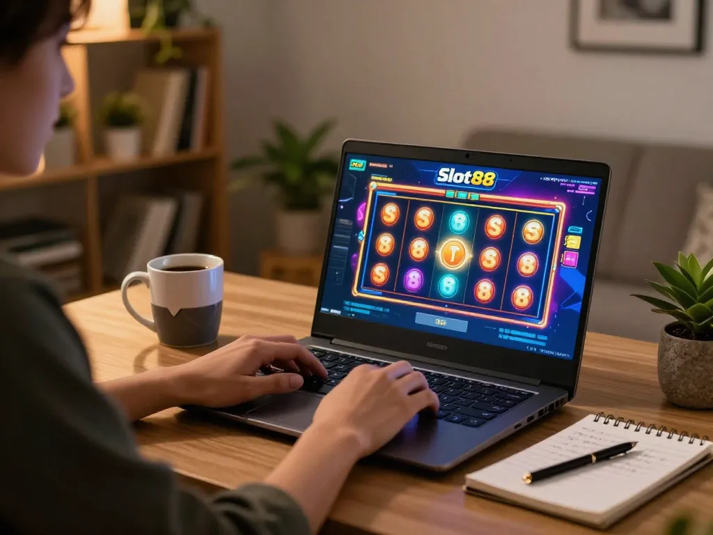 Engaging in slot88 with strategic notes during cozy online gaming session