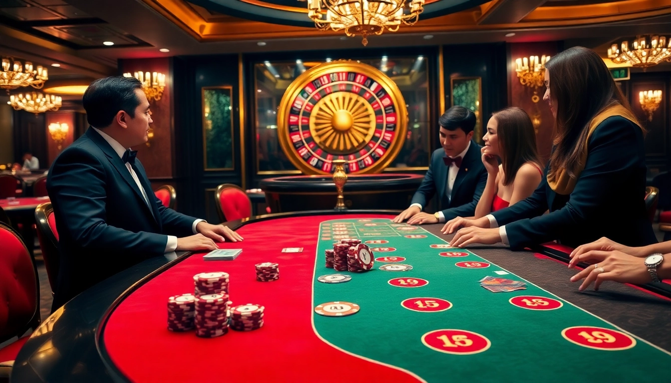 High-stakes poker game at 8kbet's luxurious casino table with excited players and an engaging dealer.