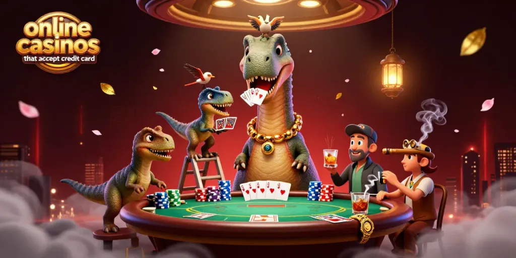 Engage with online casinos that accept credit card featuring vibrant 3D cartoon characters at a bustling poker table