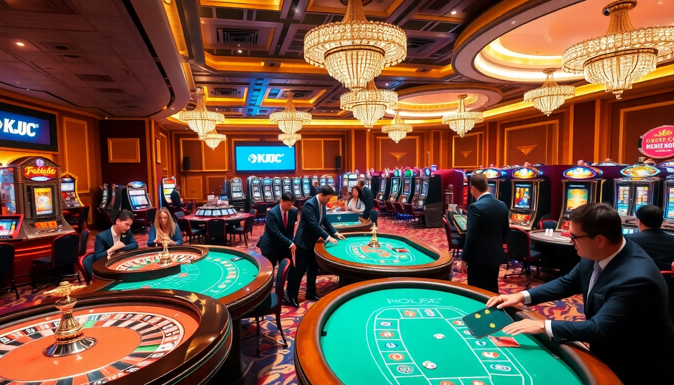KJC logo prominently displayed at a luxury casino table during an intense betting moment.