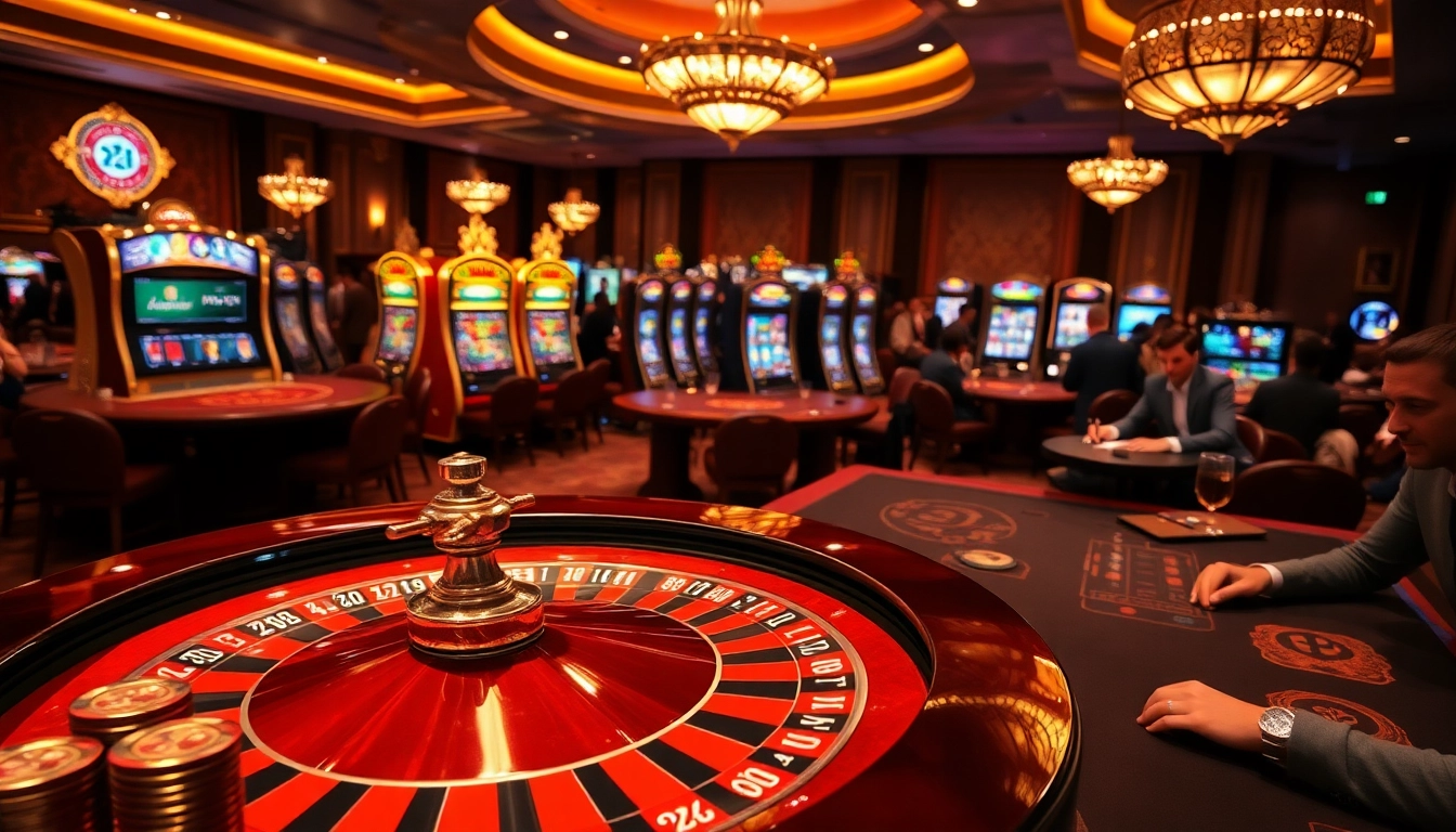 Players engaging with juragan77-themed casino games in a vibrant and luxurious environment.