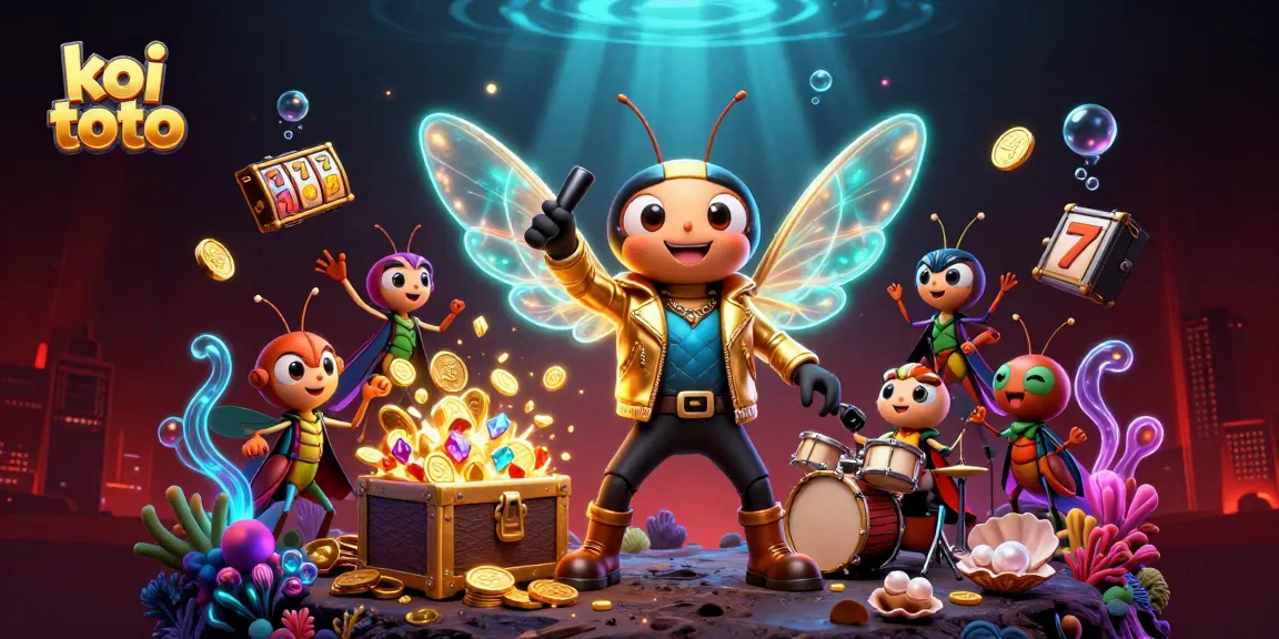 Koi toto jackpot scene with cartoon characters celebrating wins surrounded by vibrant slot reels and gems.