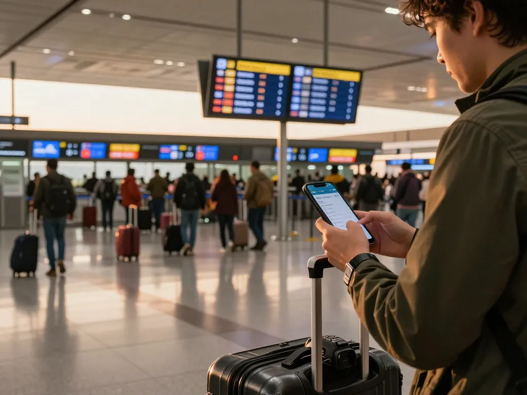 Traveler checking flight status nk888 at airport gate amidst lively atmosphere