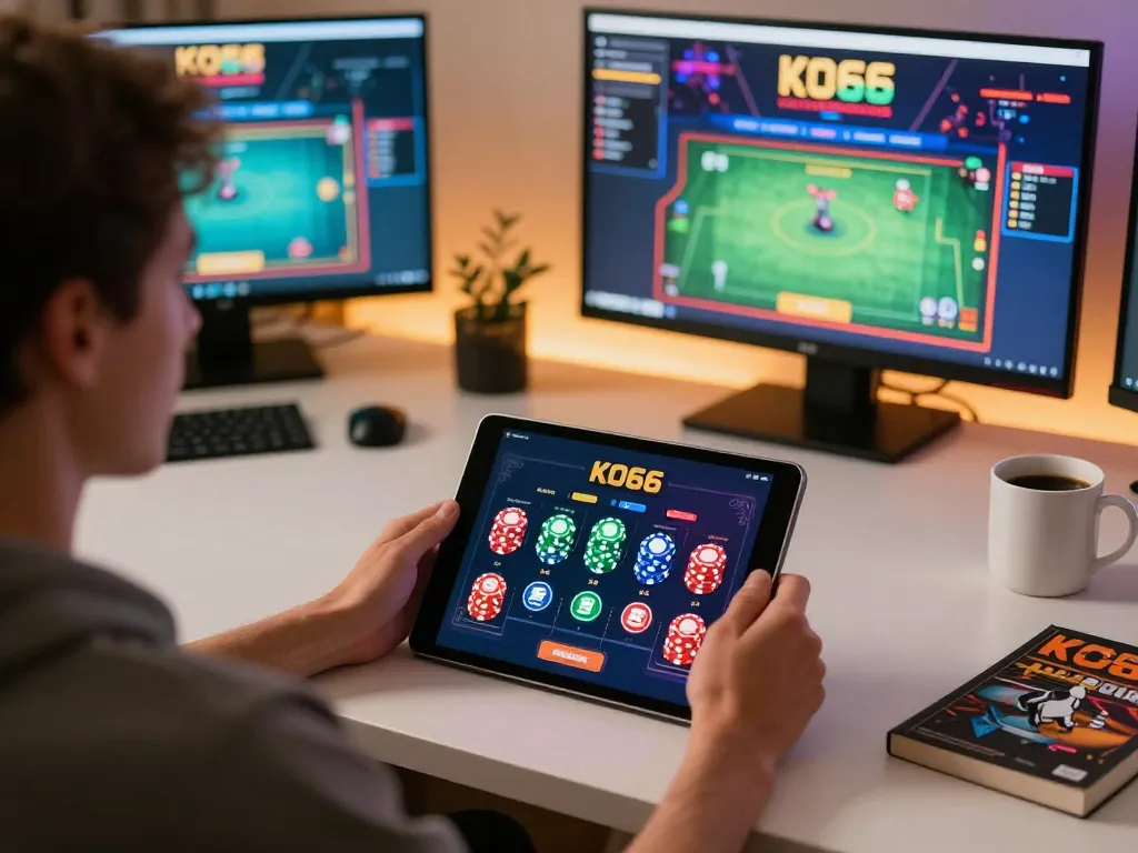 Tham gia ứng dụng casino KO66 trên máy tính bảng, thể hiện sự phấn khởi của cờ bạc trực tuyến và chơi game có trách nhiệm.