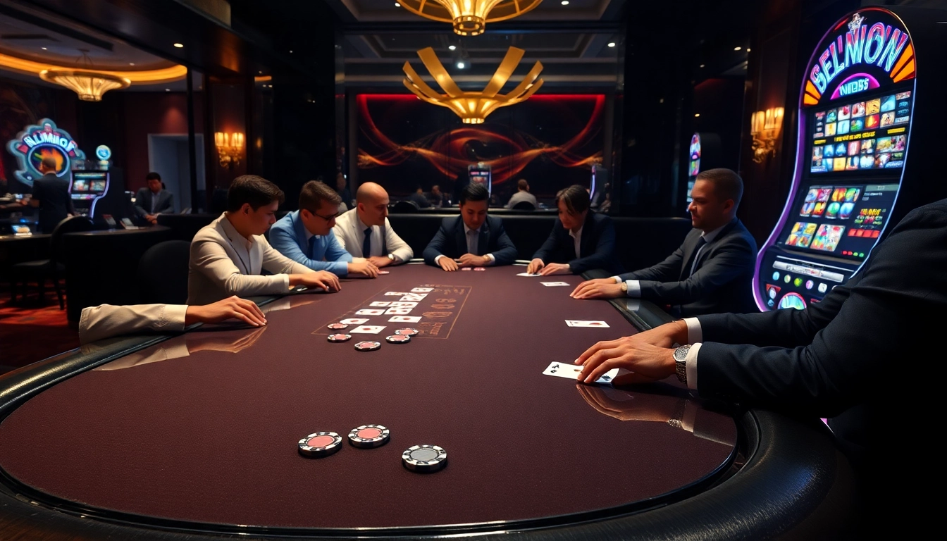 Players enjoying poker with colorful chips at MM88 casino, showcasing excitement and luxury.