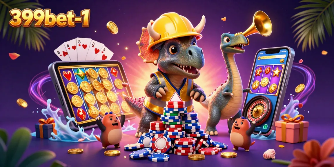 Experience the excitement of gaming at 399bet-1 with a vibrant casino scene featuring a celebratory triceratops.