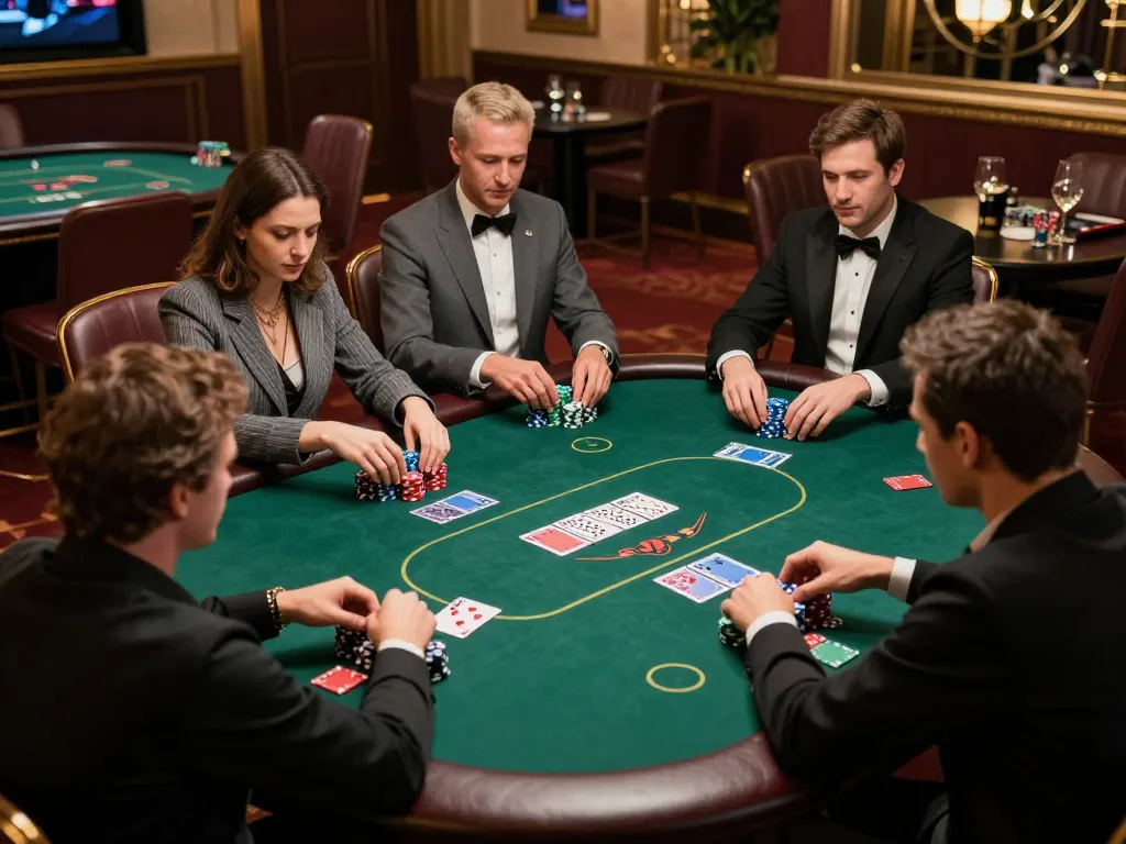 Engaging poker strategy scene at 789p casino with players focusing on their hands and chips.
