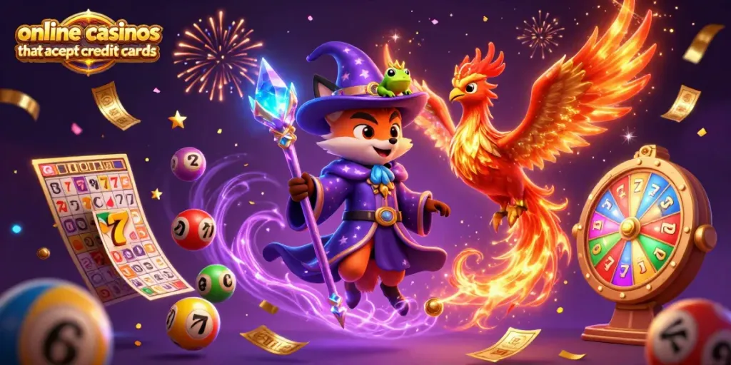 Experience excitement at online casinos that accept credit cards featuring vibrant slot games, winning symbols, and celebratory elements.