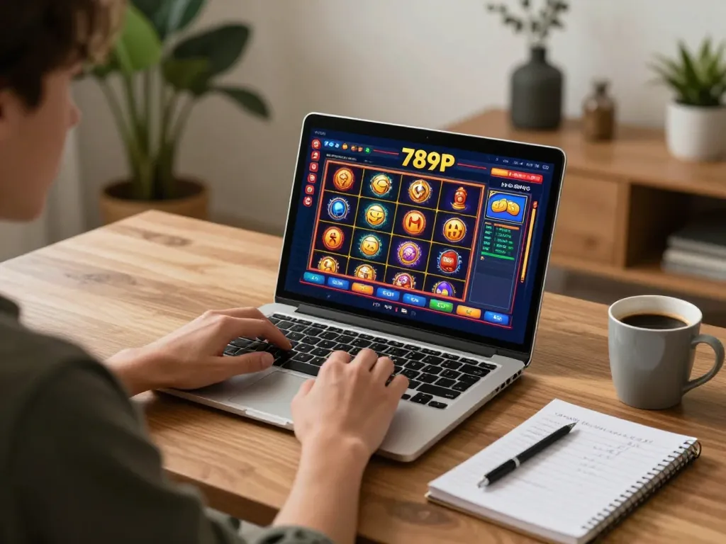 Player interacting with 789P casino games on a laptop in a cozy, inviting home setting
