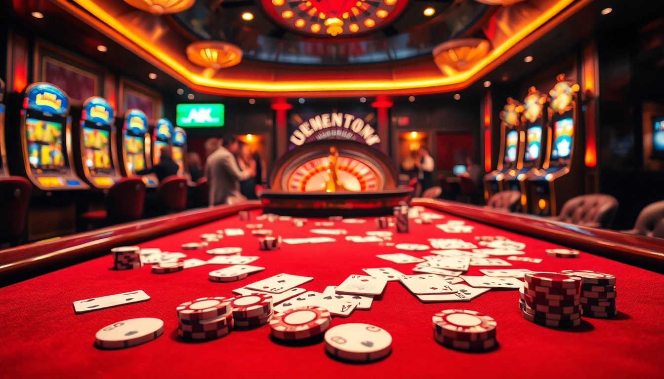 Players enjoying thrilling casino games at https://kk55.boutique/, featuring vibrant slot machines and poker tables.