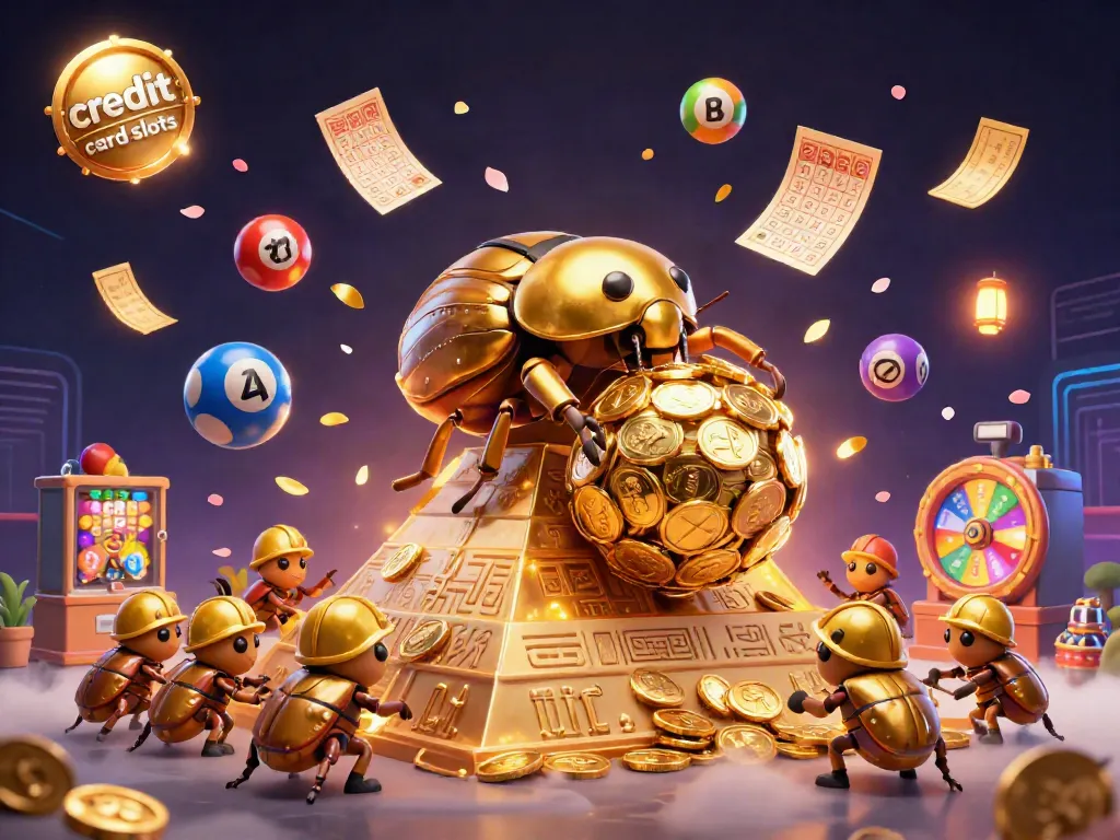 Engage in fun with credit card slots while a golden beetle rolls coins at a vibrant casino scene.