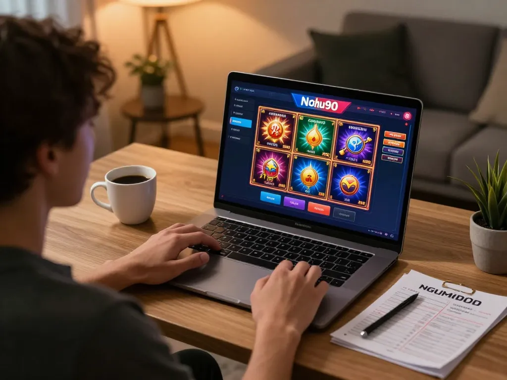 Nohu90 gameplay interface displayed on laptop in cozy home setup, emphasizing online gambling excitement.