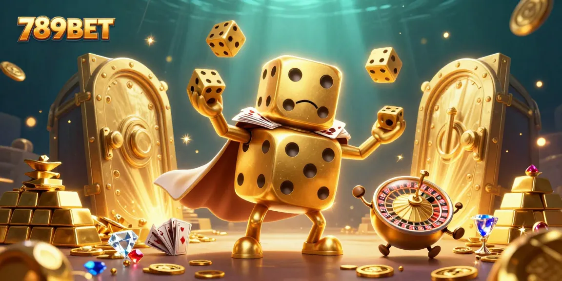 Engage with 789BET's lively casino scene featuring a golden dice golem and treasure bursts for exciting gameplay.
