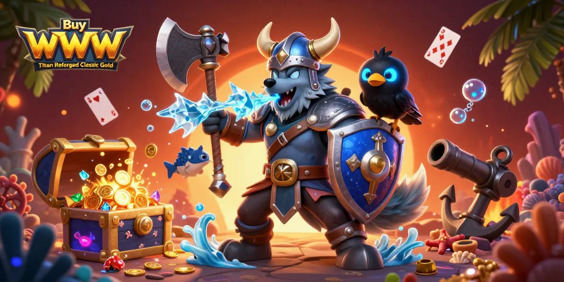 Buy WoW Titan Reforged Classic Gold with Viking wolf warrior and dragon amidst dynamic casino-themed elements.