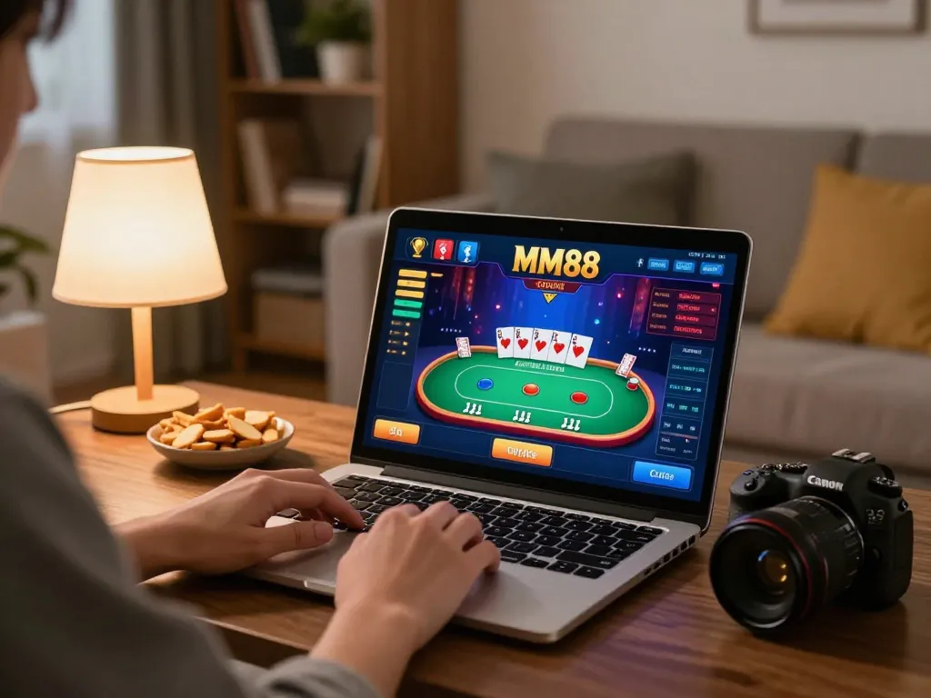 Player enjoying MM88 online casino poker game from cozy home environment.