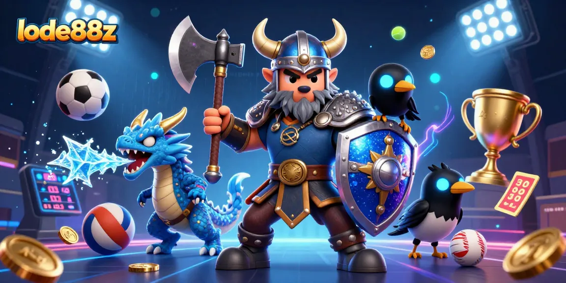 Engage in thrilling adventures with lode88z, featuring a Viking wolf warrior, fierce dragon, and sports elements.