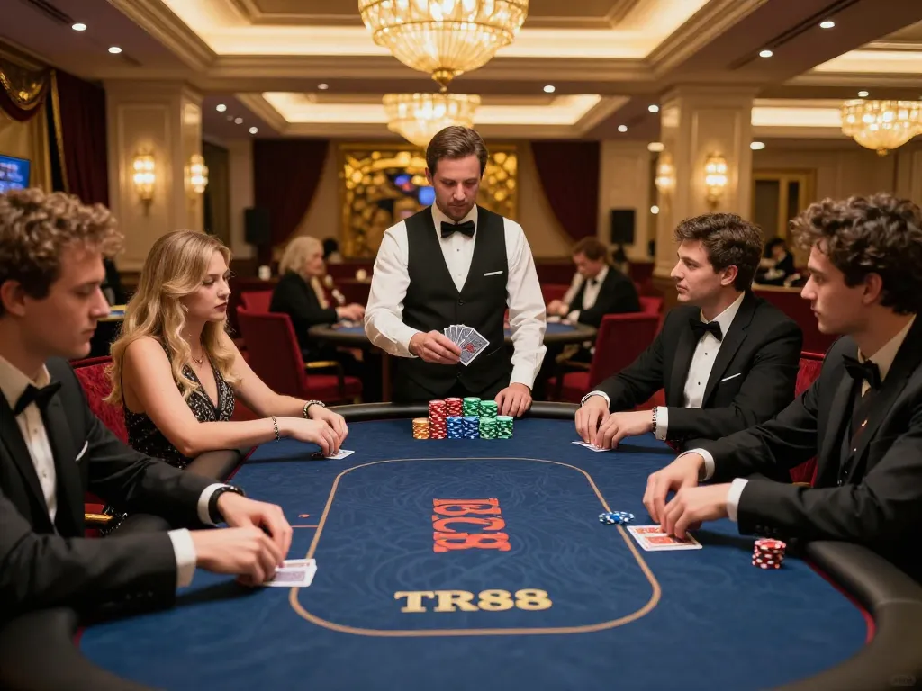 Players at TR88 casino engaged in an intense poker game, showcasing strategy and excitement