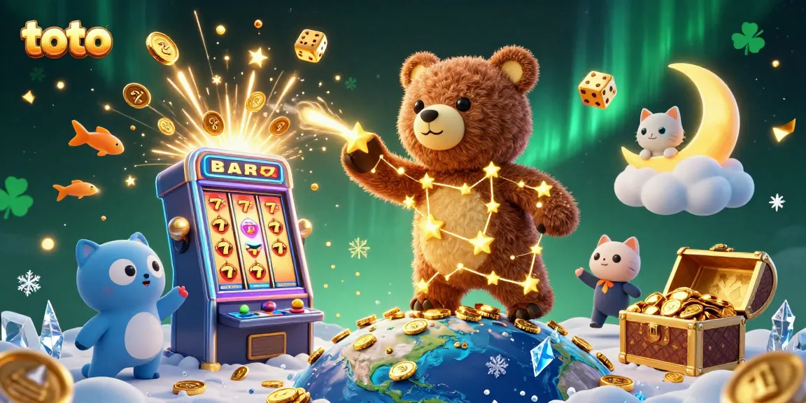 Win big with toto at the casino, featuring playful constellation bear collecting coins amidst slot machines.