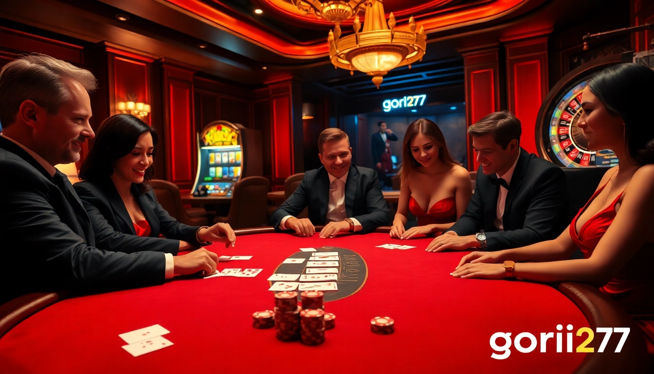 Players engage at a luxury poker table while betting excitement rises at gori77 casino.