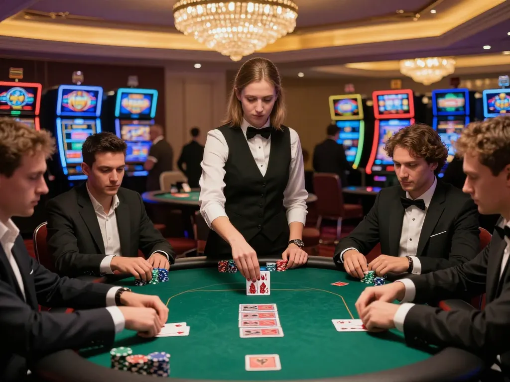 Luck88 players strategizing at a poker table in an upscale casino with vibrant lighting.