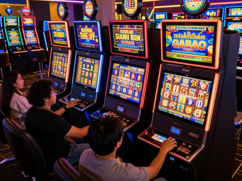Engaging moment of players spinning reels on slot thailand gacor hari ini in a vibrant casino setting