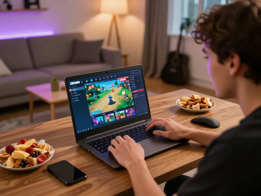 Engaging in the OKWIN game on a laptop at home, displaying an inviting gaming atmosphere with snacks