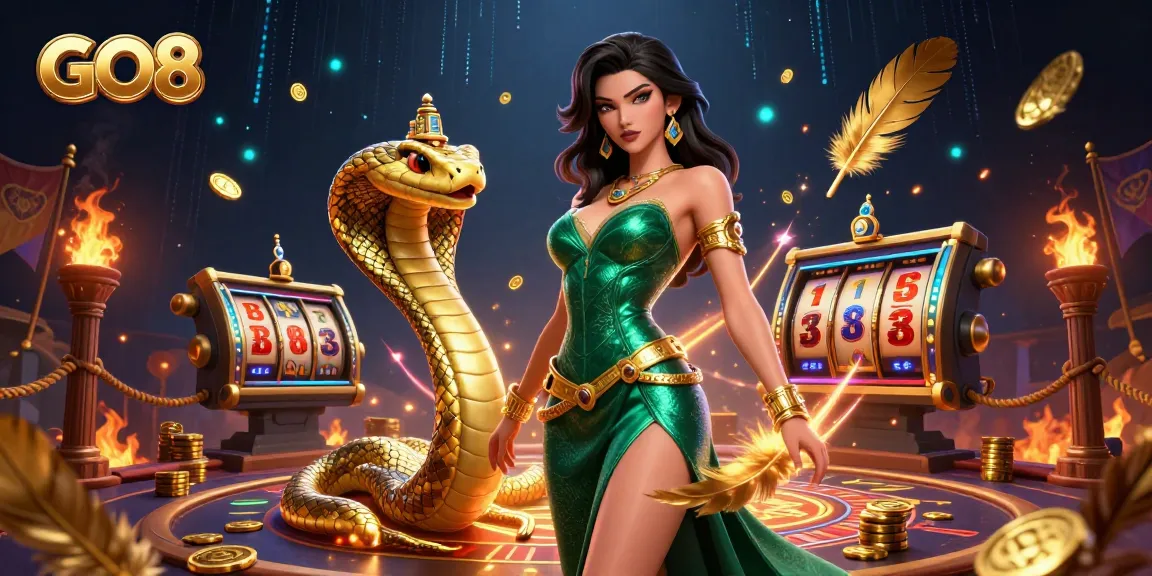 Engage in thrilling gameplay at GO8, featuring a glamorous character amidst vibrant casino elements.