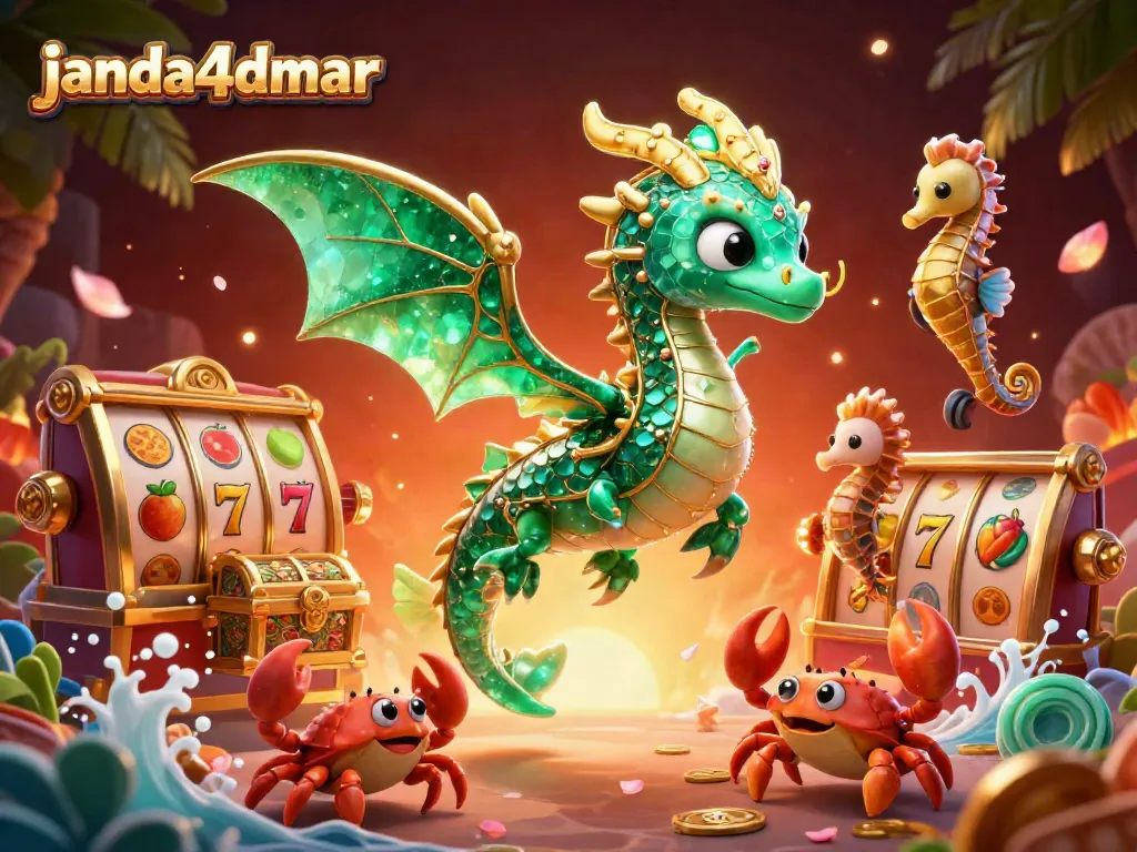Menggali peluang menang di janda4dmar dengan ilustrasi penuh warna yang menampilkan karakter unik dan simbol mesin slot.