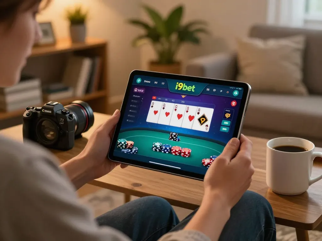 Engaged player using i9bet app for online poker strategy in a cozy setting.