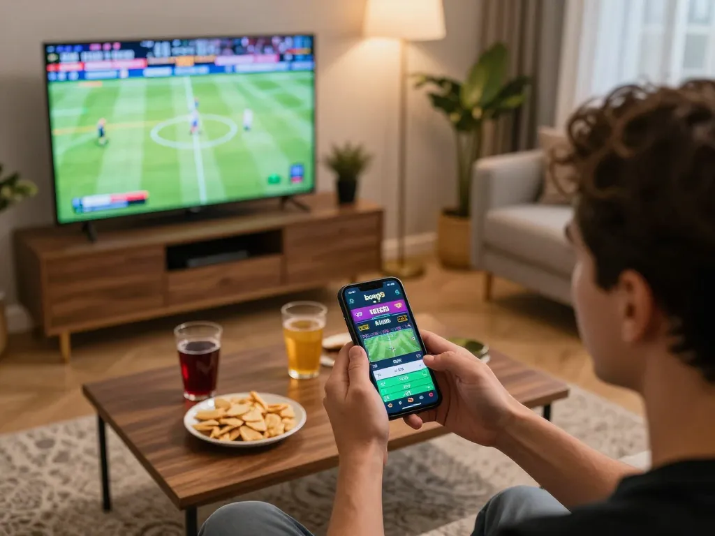 Engaged bettor using bong99 app on smartphone during an exciting sports betting session