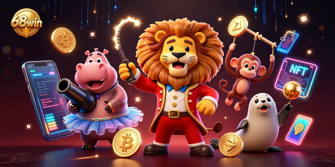Engage with exciting games at 68win while celebrating with vibrant characters and crypto elements.