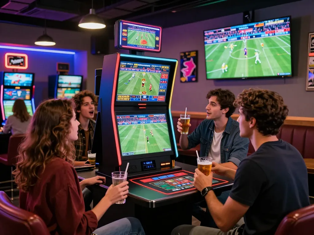 Friends enjoying zbet sports betting at a lively lounge, showcasing excitement and interaction.