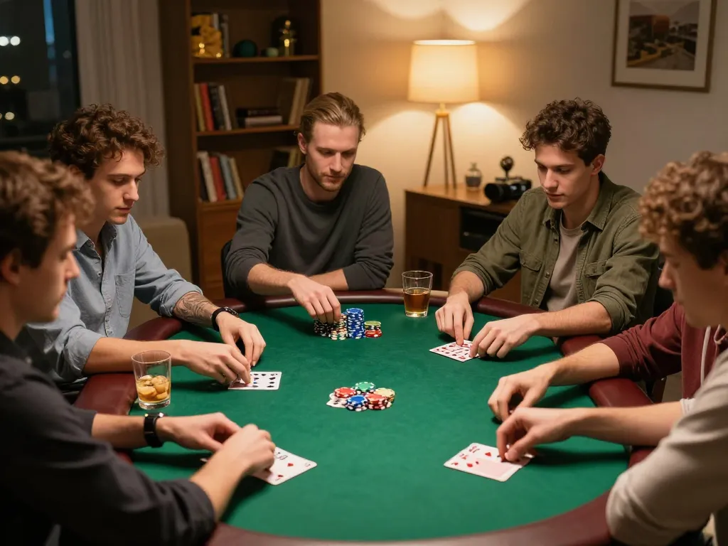 Friends enjoying an exciting poker night while strategizing around a table, Luck88 brings fun home gaming.