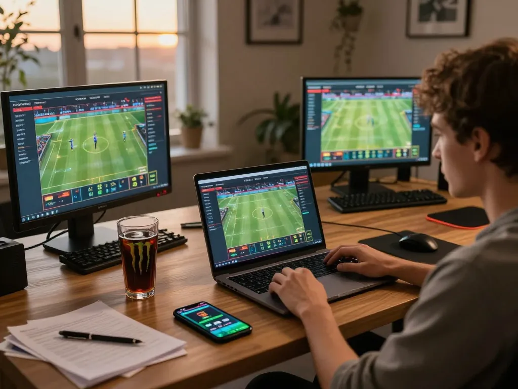 VT88 player strategizing sports betting at home in a cozy setup.