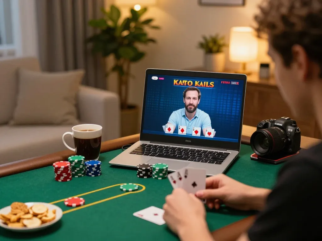Player engaging with live poker game on 32win platform from home office, showcasing a strategic betting moment.