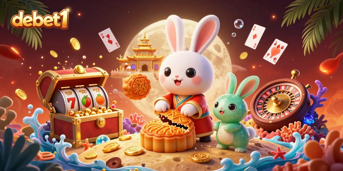 Experience debet1's vibrant gaming energy with 3D moon rabbit pounding mooncakes revealing poker chips.