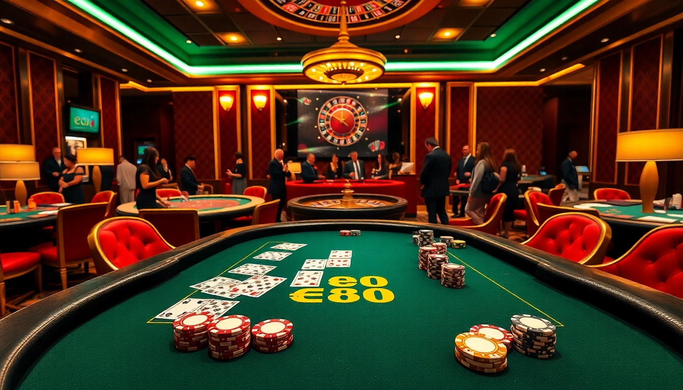 Experience the excitement of gambling at Ee88 with a vibrant poker table and roulette wheel.