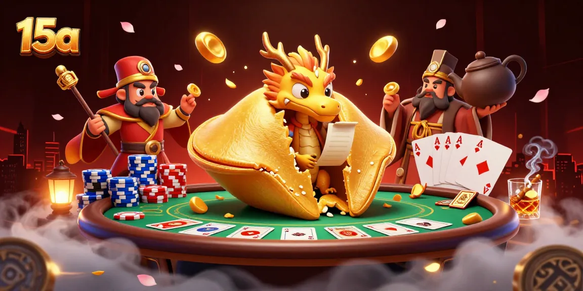 15a: jogando com pilhas de fichas de poker ao redor de um dragão sábio e um biscoito da sorte