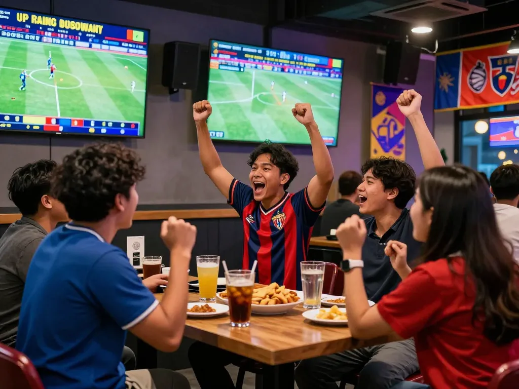Friends cheering for Judi Bola in a lively sports betting lounge during a match