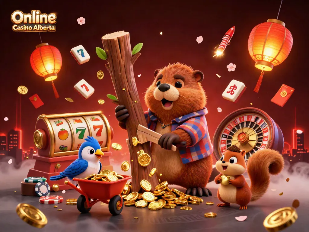 Experience thrilling action at Online Casino Alberta with cartoon beaver and friends collecting golden coins and playing games!