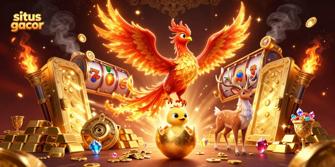 Experience thrilling action at situs gacor with a fiery phoenix and dynamic casino elements in this vibrant illustration.
