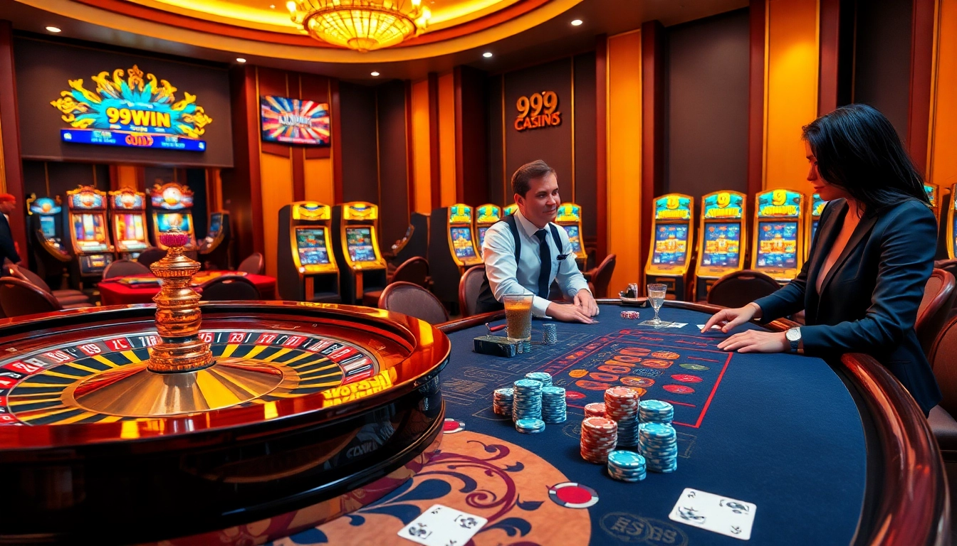 Experience the excitement of winning with 99WIN at a luxurious casino table with poker chips and cards.