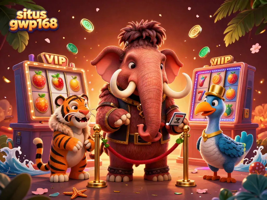 Game seru di situs GWP168 dengan bouncer mamut dan VIP tamu mewah dalam suasana kasino.
