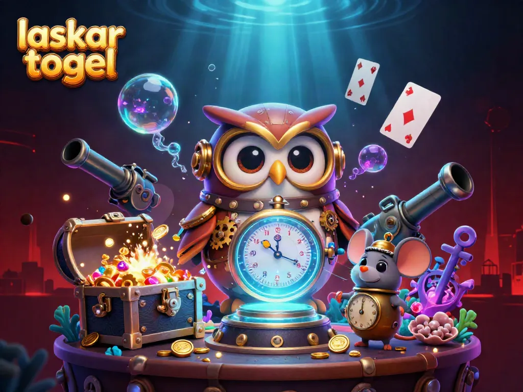 Engaging laskar togel scene with a time-traveling owl and casino elements bursting with excitement.