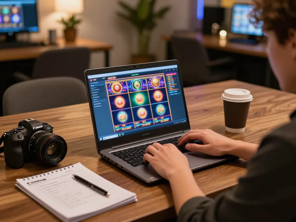 Player using dash88 laptop for online casino gaming with vibrant slot games on screen.