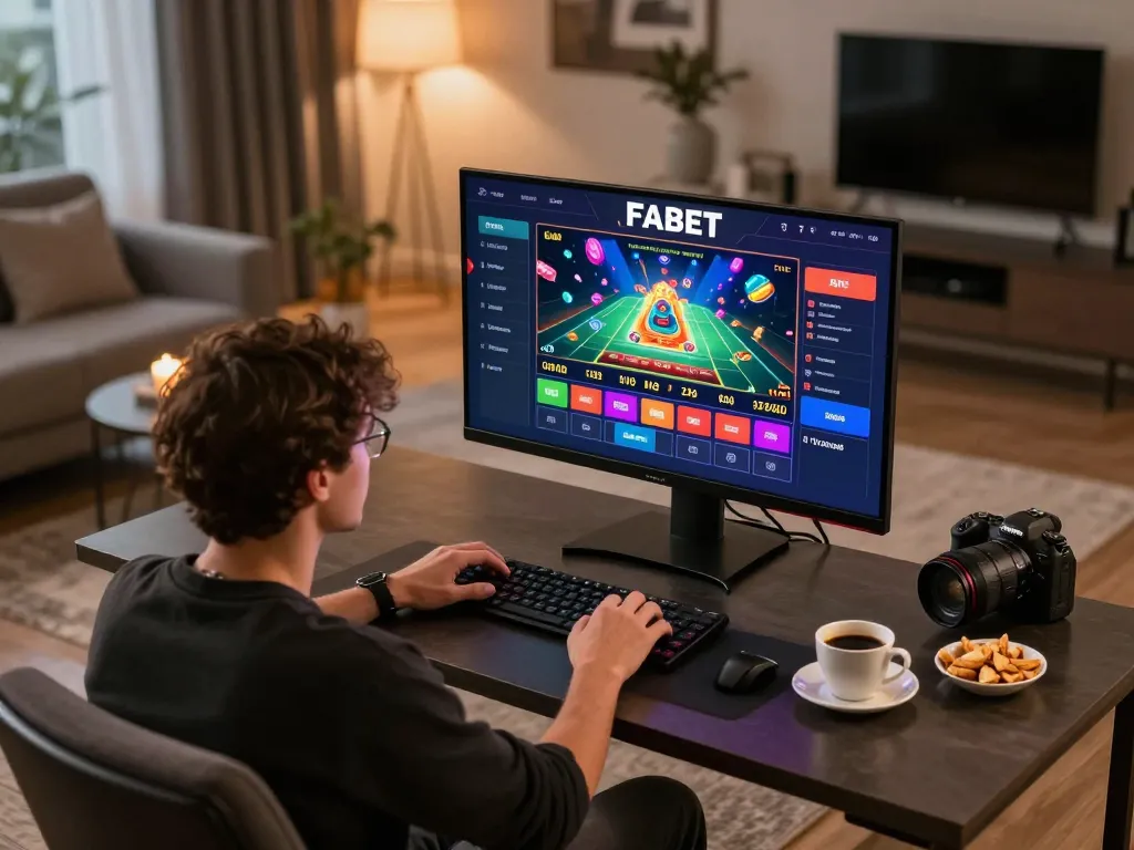 Engaging online gambling experience at FABET with a player focused on game strategy in a modern living room.