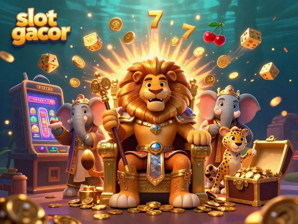 Slot gacor menang besar dengan raja singa, gajah penasihat, dan cheetah pembawa gulungan emas di latar kasino yang penuh warna.
