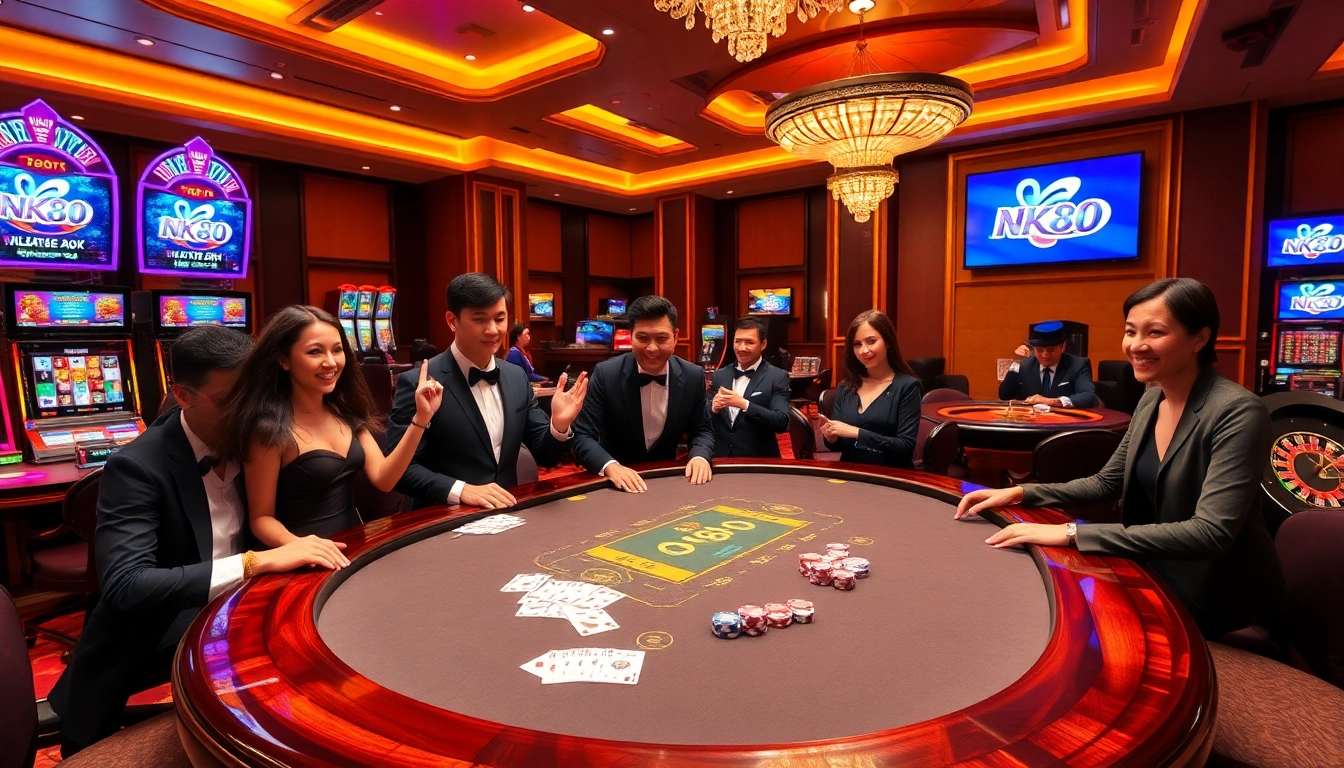 NK88 casino players enjoy a thrilling game at a luxurious poker table with colorful chips and cards.