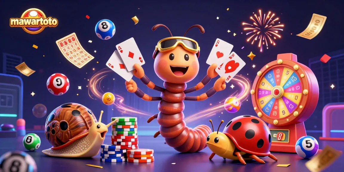 Engage with mawartoto as a lively 3D cartoon illustration features dynamic lottery elements and characters celebrating wins.