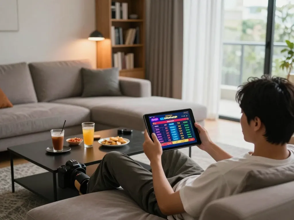 Dewatogel Link Alternatif Login Terbaru showcased on tablet as user enjoys online gaming experience in cozy home setup
